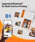 Bluetooth Photo Printer For iPhone Portable Dye Sublimation Printer With Dual Tray Prints 4x6 Photo Paper And 3x3 Sticker Paper Includes 60 Sheets Of 4x6 Paper 20 Sheets Of 3x3 Sticker Paper And 2 Cartridges shown with printed photos.