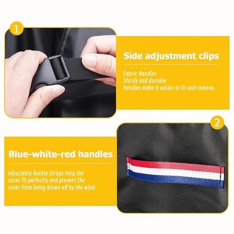 Close-up of side adjustment clips and blue-white-red handles on Outdoor Loveseat Cover For Two-Person Glider Benches And Sofas