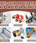 Multi-scene application of Dry Graphite Lock Lubricant Powder on door lock, pinewood car, bike chains, sliding window, fishing reels, and skateboards.