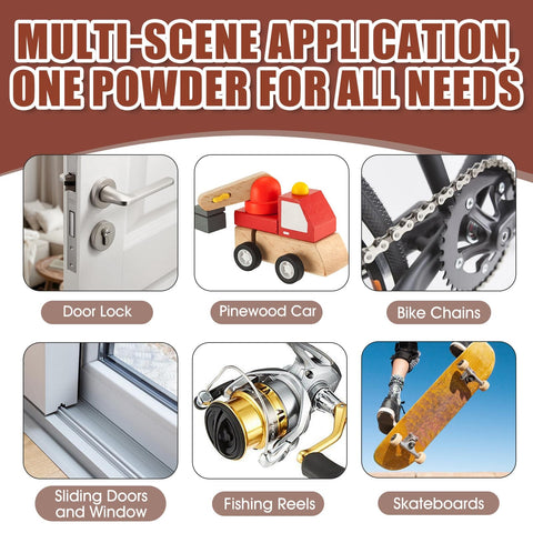 Multi-scene application of Dry Graphite Lock Lubricant Powder on door lock, pinewood car, bike chains, sliding window, fishing reels, and skateboards.