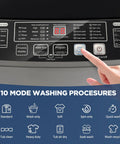 Heavy Duty Portable Washing Machine With Self Draining Pump Ten Auto Wash Cycles And Slick LED interface showing settings and options.