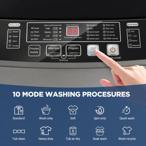 Heavy Duty Portable Washing Machine With Self Draining Pump Ten Auto Wash Cycles And Slick LED interface showing settings and options.