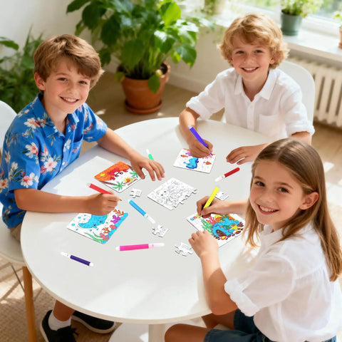 Children enjoying 24 Piece Summer Crafts Kit For Kids Ages 4 To 8, Ocean Theme Coloring Puzzles With Mermaid, Fish, Starfish