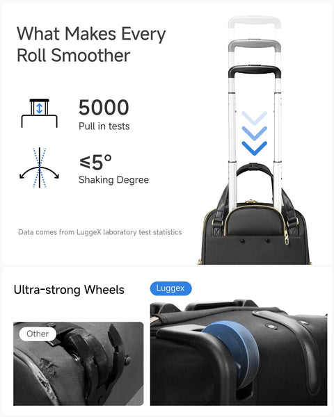 LUGGEX underseat carry-on luggage with wheels, black soft-sided 16-inch, front view.