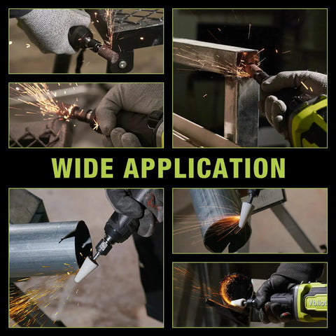 Heavy Duty Brushless Cordless Die Grinder 6mm Collet 24V 5Ah Battery in action on metal with sparks flying.