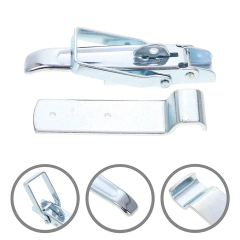 Close-up of Heavy Duty Trailer Gate Latch Kit with Adjustable Over Center Toggle Latches. Shiny metal parts are visible.