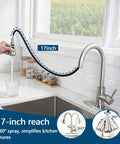 Heavy Duty Kitchen Faucet With Smooth Pull Down Sprayer In Top Shelf Brushed Nickel rust resistant steel, 17-inch reach water flow.