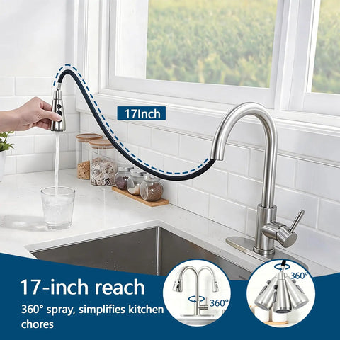 Heavy Duty Kitchen Faucet With Smooth Pull Down Sprayer In Top Shelf Brushed Nickel rust resistant steel, 17-inch reach water flow.