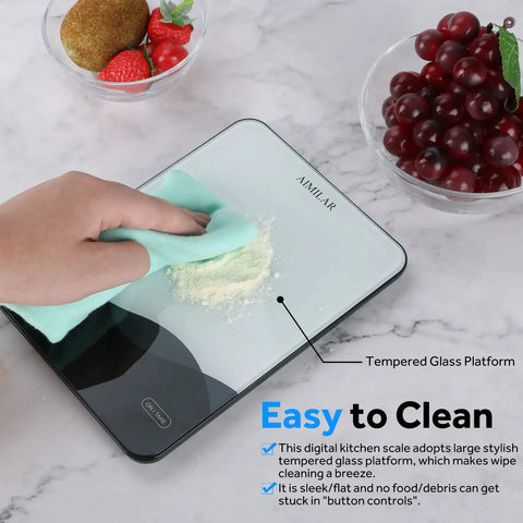 Digital Kitchen Scale 22lb 10kg USB C Rechargeable With Tempered Glass Top Easy Clean LED Touch Screen being wiped clean