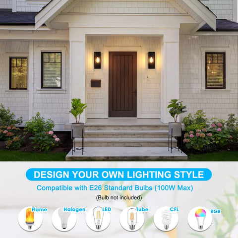 Top Shelf Matte Black Outdoor Wall Lights illuminating a front porch, compatible with E26 bulbs, stylish and weather resistant.