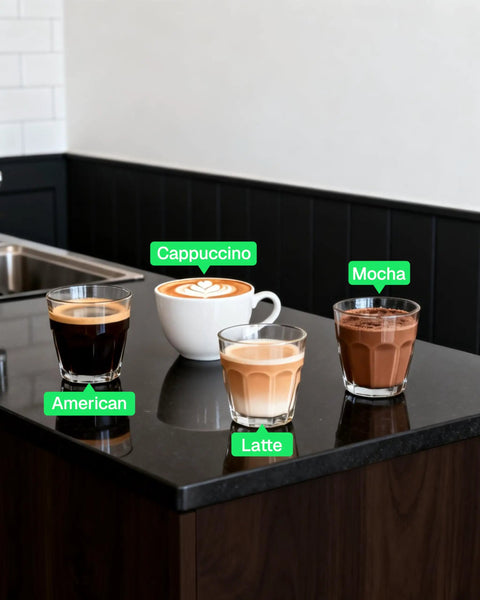 Four types of coffee drinks, labeled as American, Cappuccino, Latte, and Mocha, on a countertop.