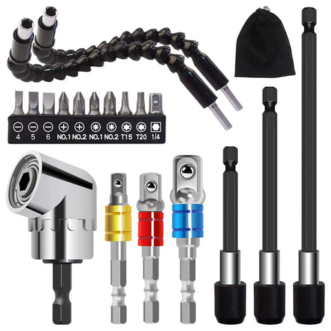 Flexible Drill Bit Extension Set All In One 19 Pieces With One Quarter, Three Eighths, One Half Inch Universal Socket Adapters