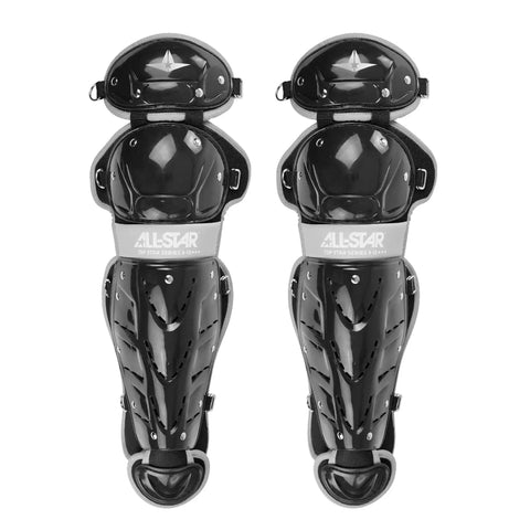 12.5 Inch Youth Catcher Leg Guards With Double Knee Protection For Ages 7 To 9, black, front view