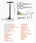 4-Stage High-Pressure PCP Hand Pump For Air Rifles, Paintball, And Tires, 5800 PSI, with accessories and dimensions details