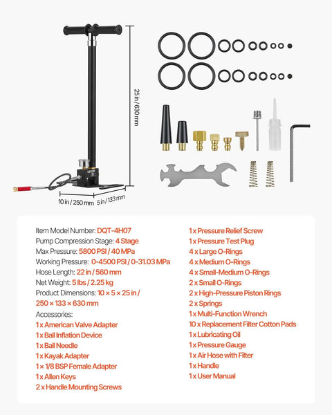 4-Stage High-Pressure PCP Hand Pump For Air Rifles, Paintball, And Tires, 5800 PSI, with accessories and dimensions details