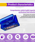 Plug And Play Wireless ELM327 OBDII Car Diagnostic Scanner and Bluetooth Code Reader angle view, blue plastic design for vehicle health inspection.