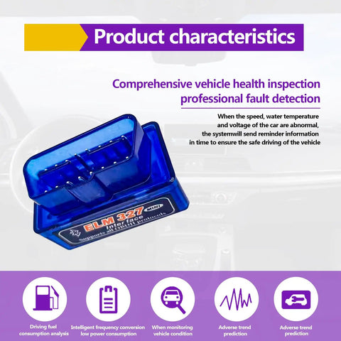 Plug And Play Wireless ELM327 OBDII Car Diagnostic Scanner and Bluetooth Code Reader angle view, blue plastic design for vehicle health inspection.