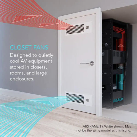 Airframe T7 White 17 Inch High Airflow AV Gear Cooling Fan System installed in closet for AV equipment cooling