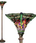 Stained Glass Dragonfly Torchiere Lamp With Bronze Finish Handcrafted Lampshade Featuring Red Green Purple Yellow Dragonflies And 70 Colorful Cabochons ETL Listed Classic Chic Cozy Accent Lighting For Living Room