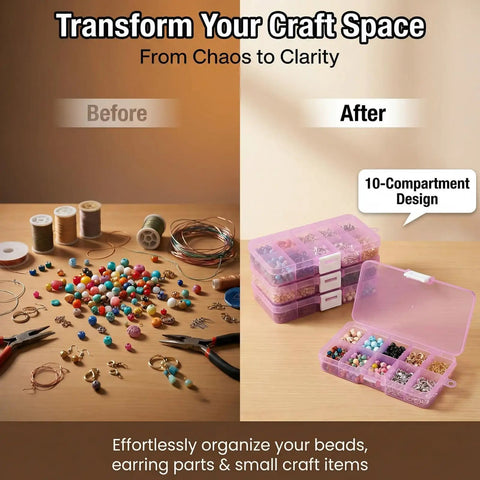 Transform your craft space with a stackable storage box set featuring a 10-compartment design for small parts and crafts.