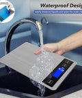Water pouring over 33lb Kitchen Digital Scale with Pro Grade Precision, stainless steel, USB rechargeable or battery
