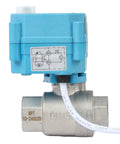 Motorized Stainless Steel Ball Valve With IP67 Waterproof Cover for outdoor use, full port half inch size, side view showing blue cover