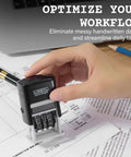 Pro Level Self Inking Date Stamp With Built In Black Ink Reservoir And Quick Twirl 12 Year Calendar Knob on paperwork.