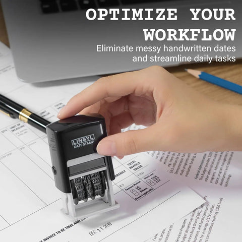 Pro Level Self Inking Date Stamp With Built In Black Ink Reservoir And Quick Twirl 12 Year Calendar Knob on paperwork.