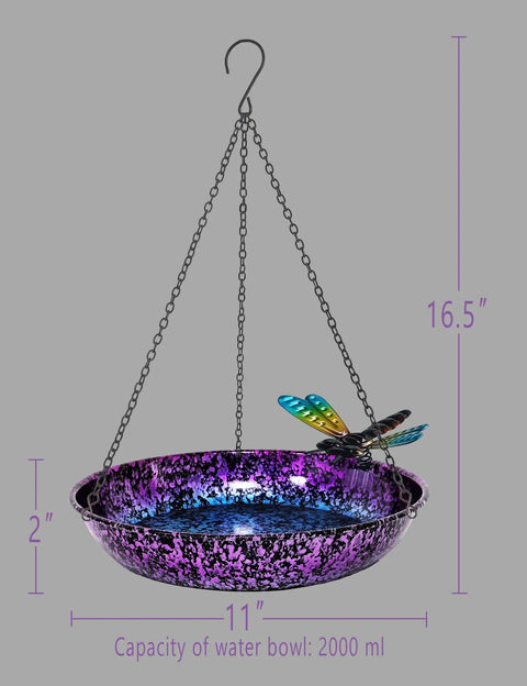 Outdoor 11 Inch Metal Hanging Bird Bath And Feeder With Colorful Purple And Blue Bowl Rustproof Black Chain Dragonfly Yard Art And Garden Decor Weather Resistant Bird Bath For Backyard Birds