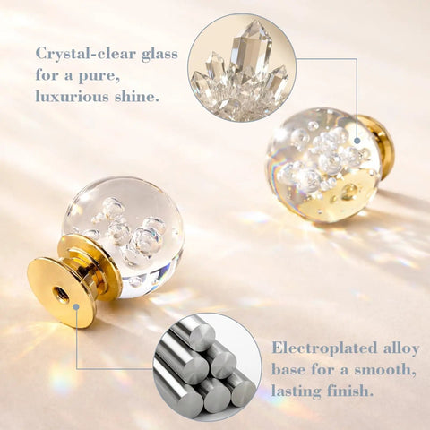 Crystal Bubble Ball Cabinet Knobs 12 Pack Dope Transparent Sphere Handles With Gold Aluminum Base, crystal-clear sparkle