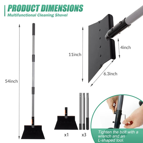 Garden Flat Shovel with 12 Inch Blade and 54 Inch Handle showing product dimensions and assembly details.