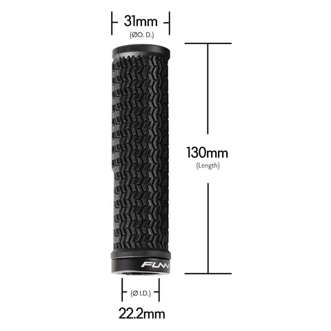 Holeshot Lock On Mountain Bike Grips With 22mm Inner Diameter, Ergonomic Black Handle Grips Showing Size Specifications