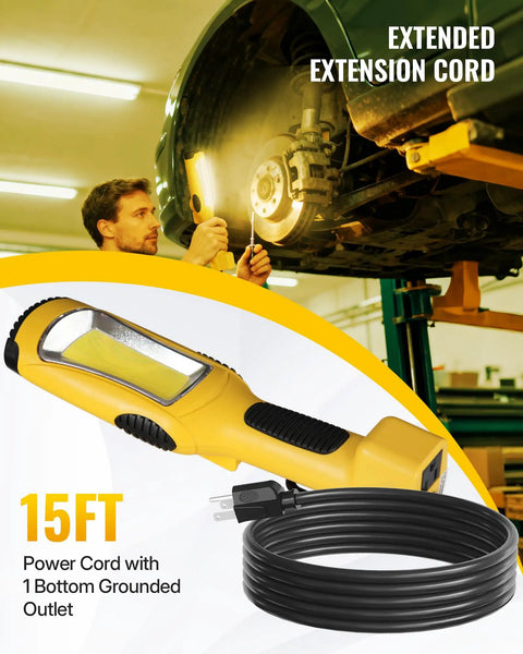 Mechanic using Built Tough 24W LED Work Light with 3000LM Output for car repair under lifted vehicle in workshop.