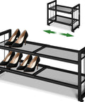 Expandable 2 Tier Metal Shoe Rack Stackable Closet Organizer Adjustable Entryway Storage Space Saver for Home Dorm Small Rooms with high heels on the top tier.
