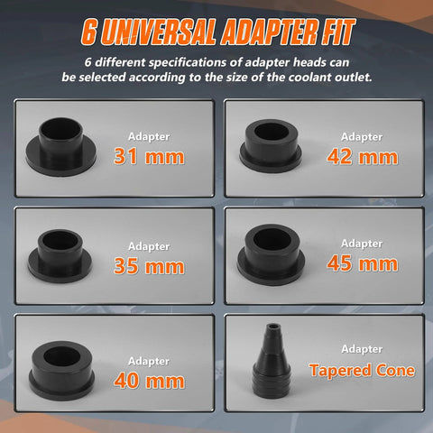 Coolant vacuum refill kit adapters: six black plastic heads (31, 35, 40, 42, 45 mm) and a tapered cone for radiator/heater core lines.