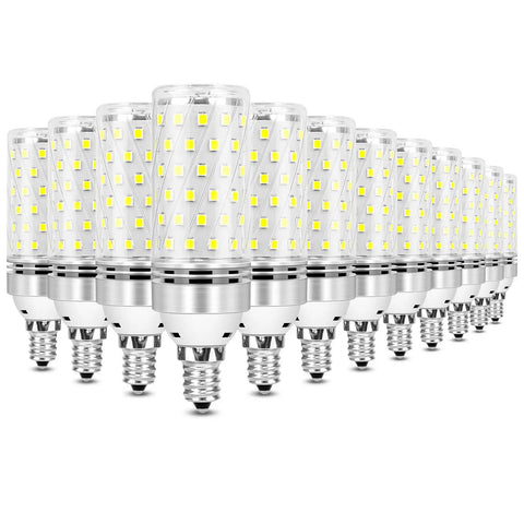 12 Pack Daylight 6000K E12 LED Bulbs for Chandeliers, 16W, 1500 Lumens, CRI 80 Plus, 120W Equivalent, Non Dimmable, displayed in rows