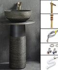 Handmade Ceramic Vessel Sink And Pedestal Basin Combo With Faucet, close-up view of modern bathroom vanity design.