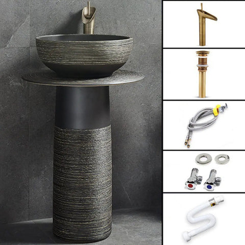 Handmade Ceramic Vessel Sink And Pedestal Basin Combo With Faucet, close-up view of modern bathroom vanity design.