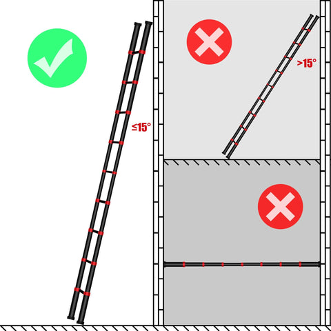 Instructional diagram for 8.5ft Aluminum Telescoping Ladder With Extension Folding Design For Roofing, proper angle shown, red anti slip feet.