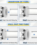 Diagram showing insertion and removal of Two Pack Push To Connect Pneumatic Fittings M6 0.16 Inch Tube Nickel Plated Brass Straight Male Adapter