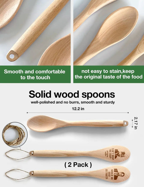 2 Piece Funny Wooden Spoons For Cooking The Office TV Show Gift, solid wood spoons with ergonomic handles, 12.2 inches long