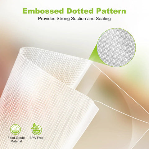 Close-up of 11 Inch By 150 Foot Vacuum Sealer Bags Roll With Built In Cutter, BPA Free, embossed dotted pattern for strong sealing.