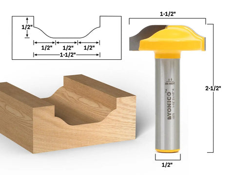 Raised Panel Cabinet Door Router Bit For CNC And Handheld Routers, 1.5 Inch Cutting Diameter, 0.5 Inch Shank, side view with dimensions