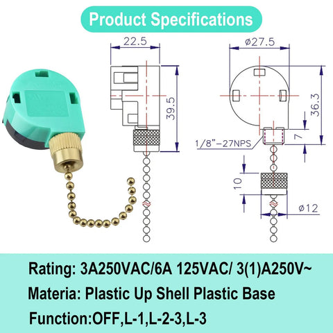 Diagram of a Three Speed 4 Wire Ceiling Fan Switch Replacement in Bronze Finish showing dimensions and specifications