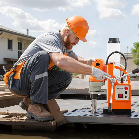 Worker using Magnetic Drill Press 1200W for Metalwork with 1.5 Inch Boring Diameter and 900 RPM on steel surface outdoors.