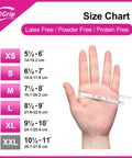 Size chart for Top Tier Disposable Nitrile Gloves In Bright Fuchsia, Powder Free Latex Free, showing hand measuring sizes XS to XXL.