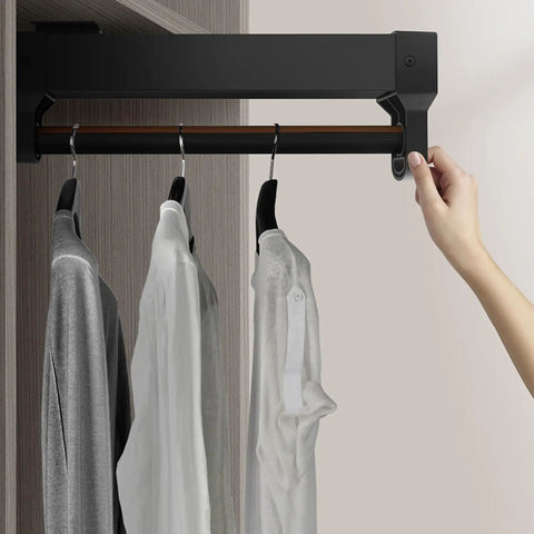 No Brainer Retractable Ceiling Mounted Clothes Rail For Closet Space Saving Wardrobe Organizer in use with shirts hanging