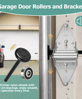Quiet Full Wrap Nylon Garage Door Roller Kit with hinges and brackets next to a garage, featuring low-friction design.