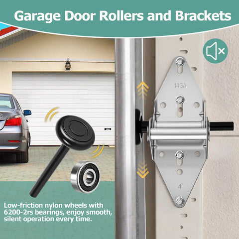 Quiet Full Wrap Nylon Garage Door Roller Kit with hinges and brackets next to a garage, featuring low-friction design.