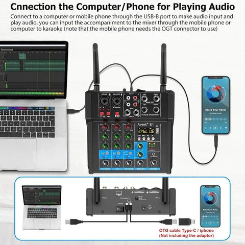 Beast 150W X2 Powered Audio Mixer With 4 Channel Soundboard showing connection to computer and phone for playing audio